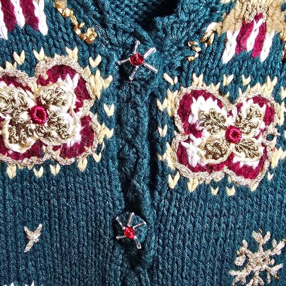 Vintage Holiday Cardigan Cute Sweater Embroidered Dark Green Women's Size Large - Picture 7 of 9